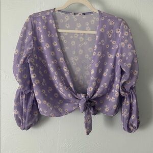 SHEIN Lavender Floral Tie-Front Blouse